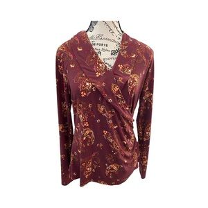 Tahari Long Sleeve Maroon Paisley Faux Wrap Ruffle Blouse NWT Size L